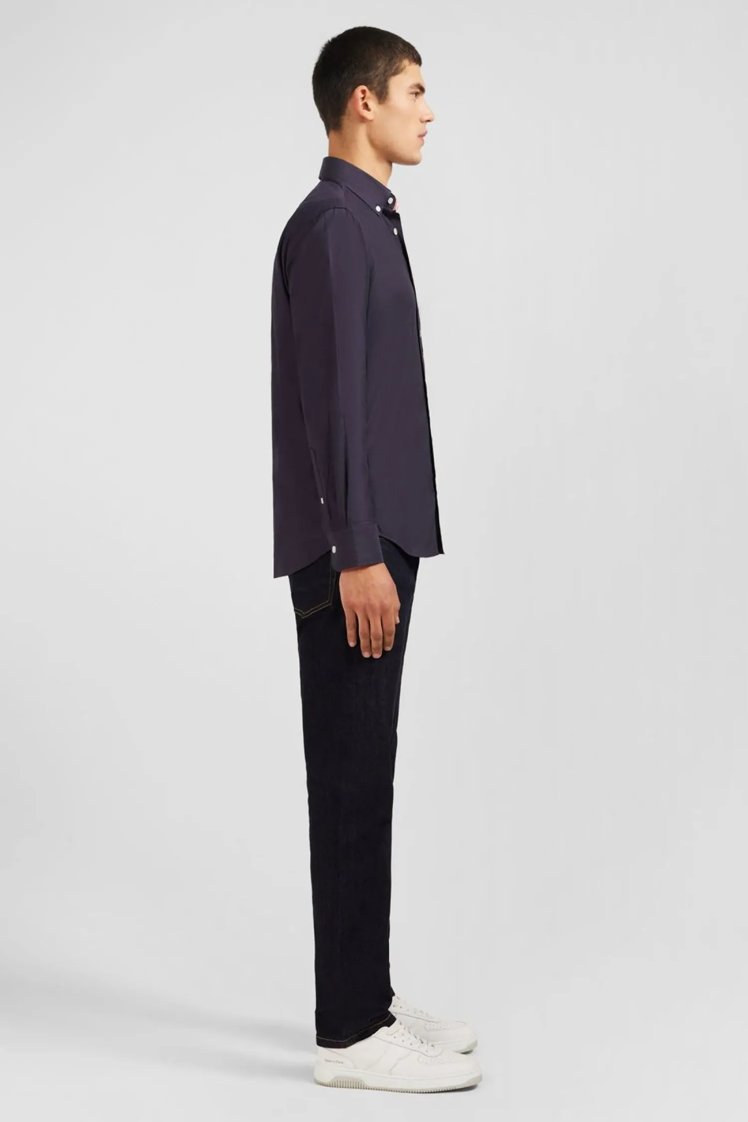 Hot Cheie Gri Fonce Unie En Coton Homme Chemises
