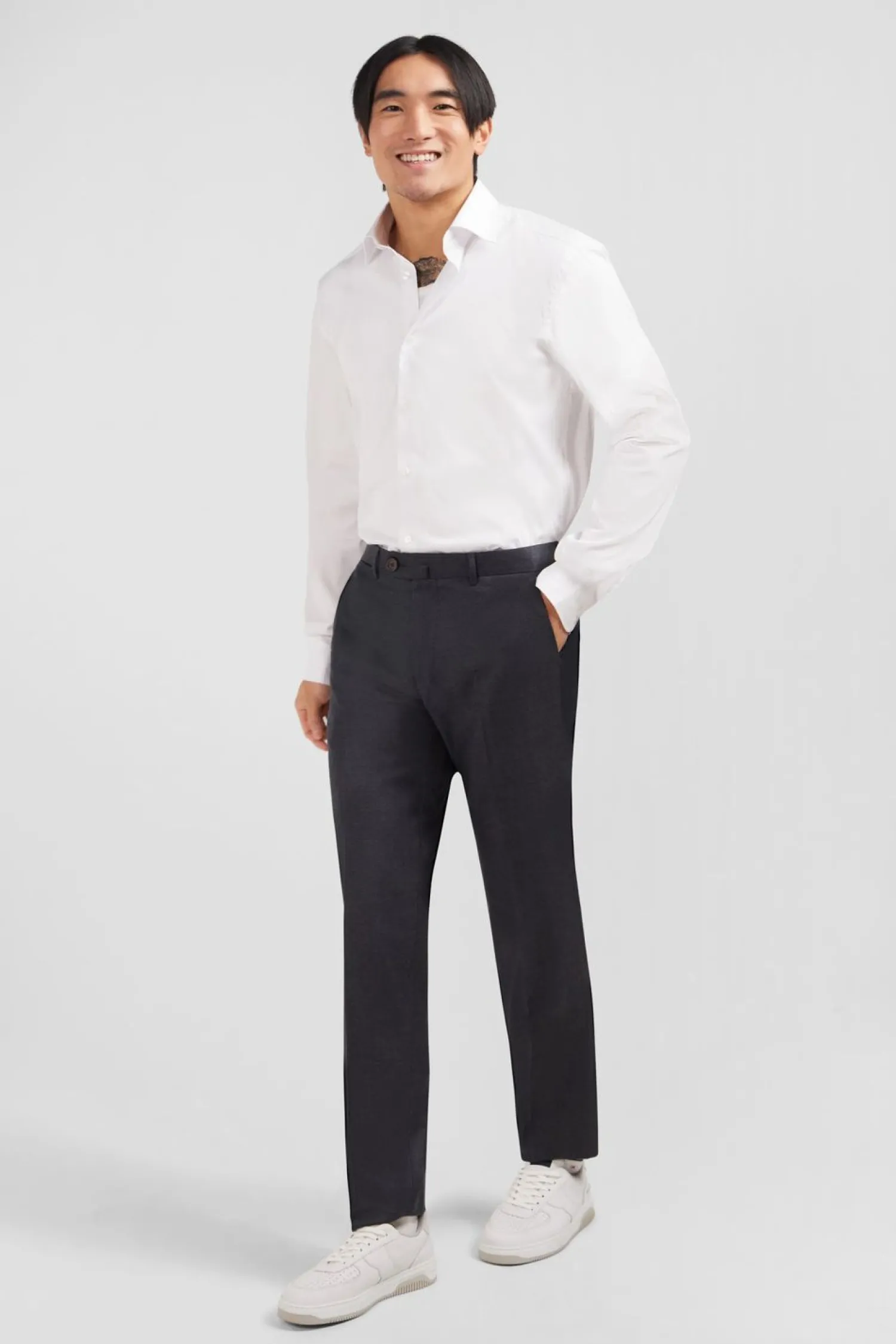 New Pantalon Regular Gris En Laine A Plis Casses Homme Pantalons