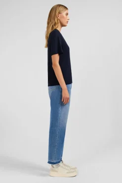 Outlet T-hirt Beu Fonce Uni A anche Courte Femme T-Shirts