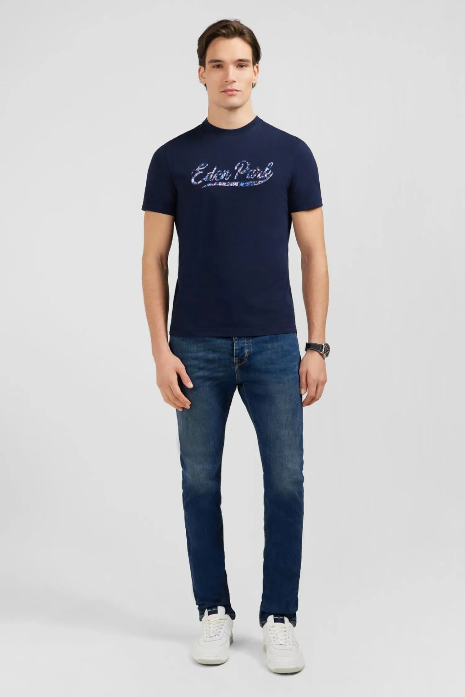 Discount T-hirt Uni Beu Fonce A Incription Homme T-Shirts