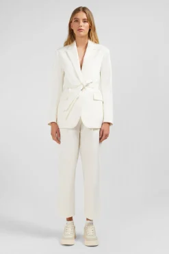Veste Blazer Ecrue Ceinturee En Coton Stretch Femme Vestes